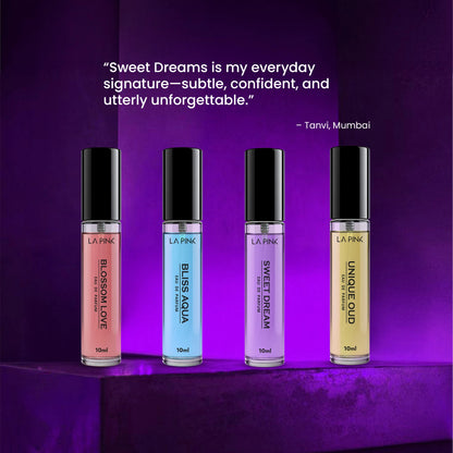 Four La Pink perfume bottles on a purple background with a quote by Tanvi, Mumbai.