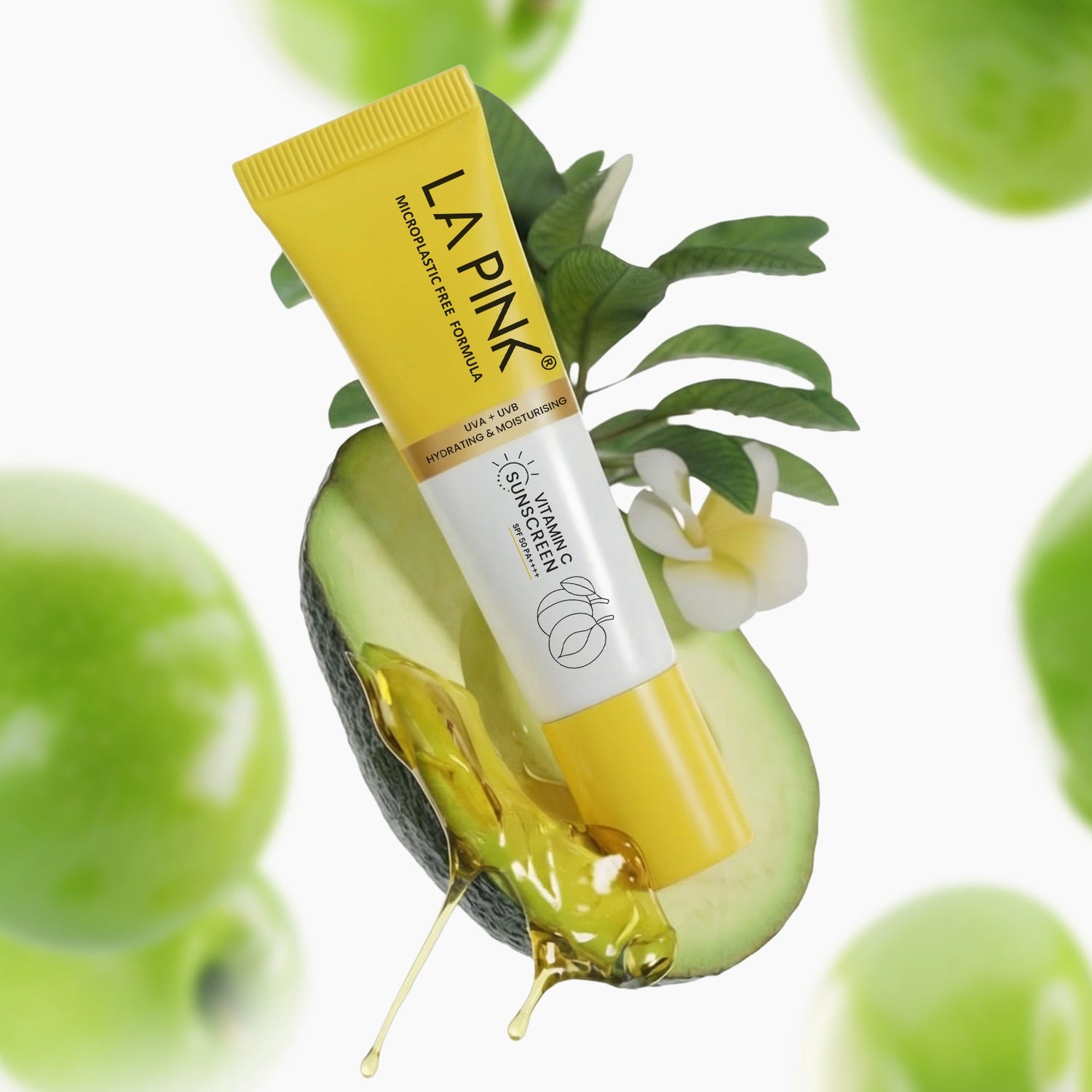 LAPINK skincare product with avocado and green apples in the background