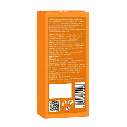 Back view of an orange product packaging with text and a QR code on a white background