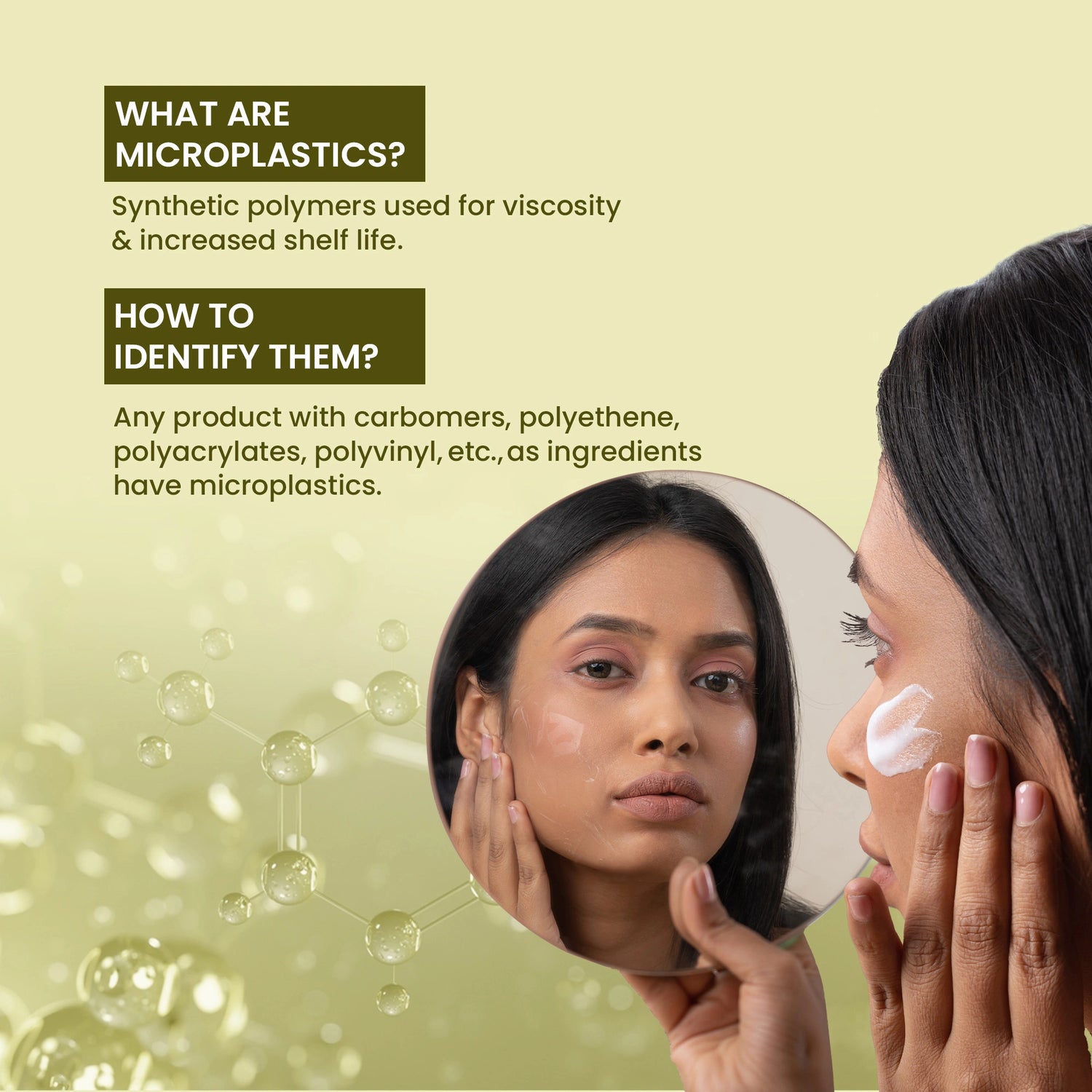 Woman applying cream to her face with educational text about microplastics on a green background