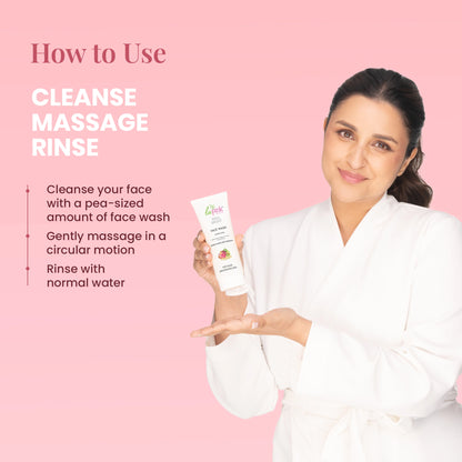 Woman holding a skincare product with instructions on a pink background