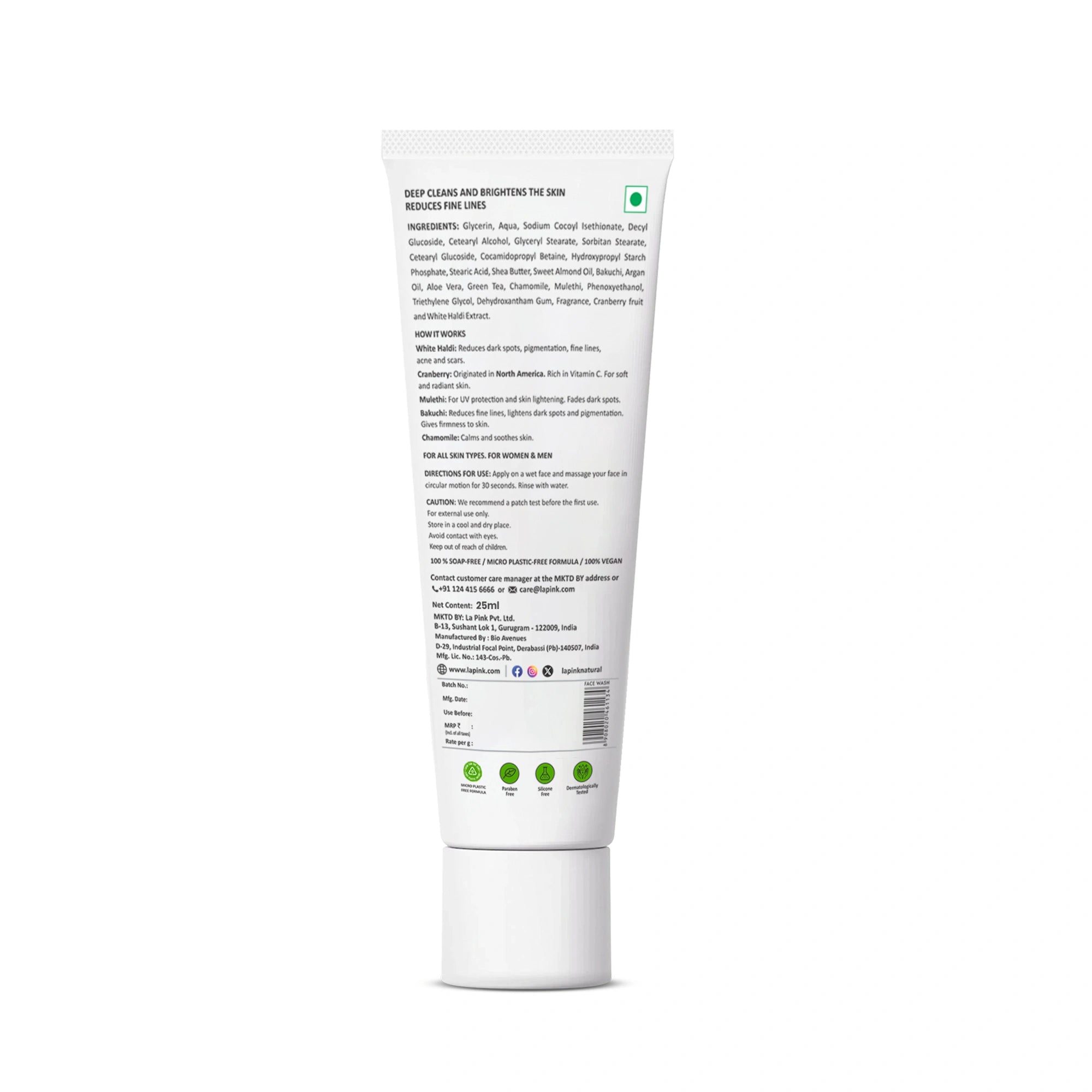 White tube of skincare product with text and green icons on a white background
