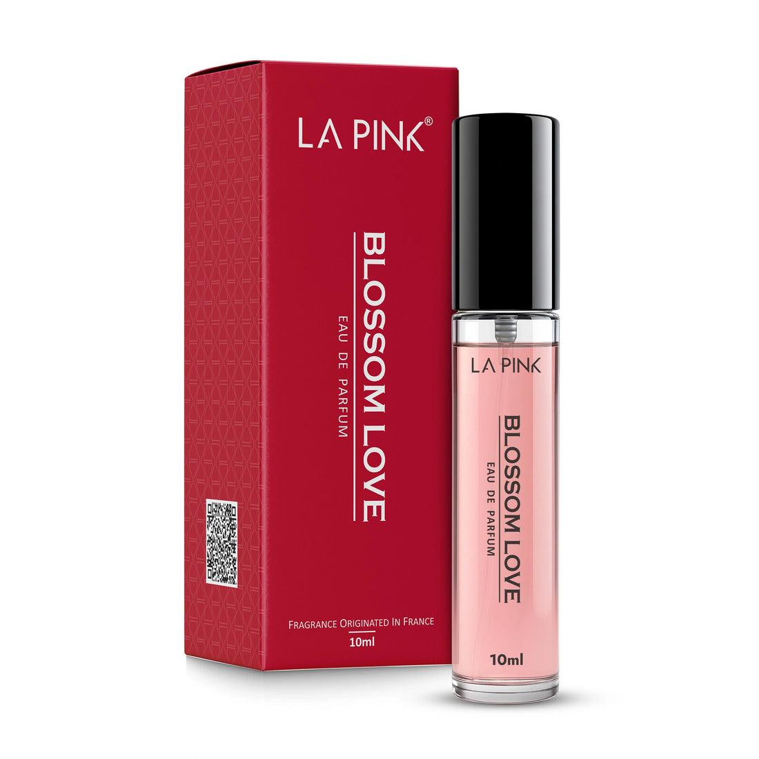 La Pink Blossom Love perfume bottle and packaging on a white background