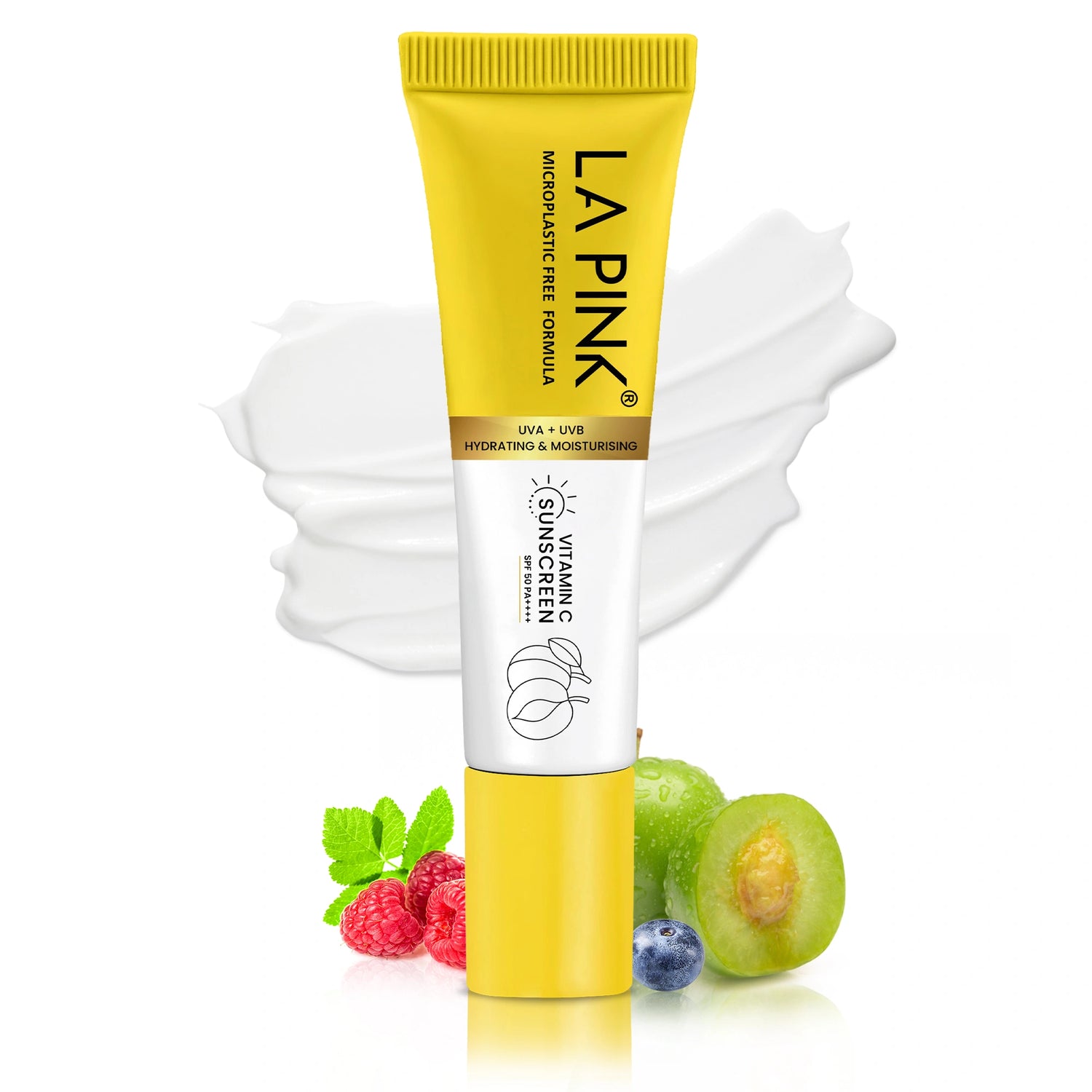 Yellow tube of LA Pink skincare product with fruit illustrations on a white background