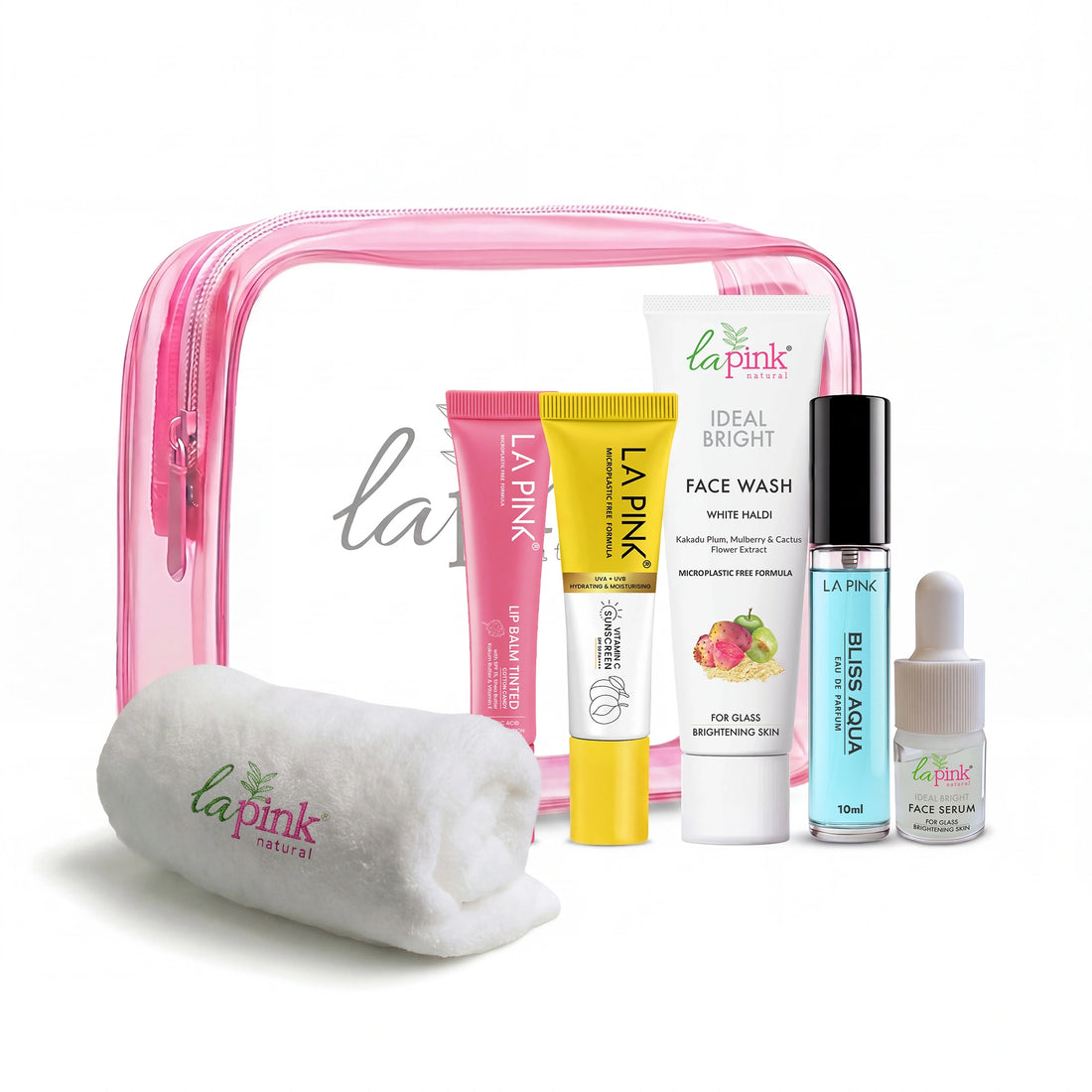 La Pink skincare product set with pink travel pouch on a white background