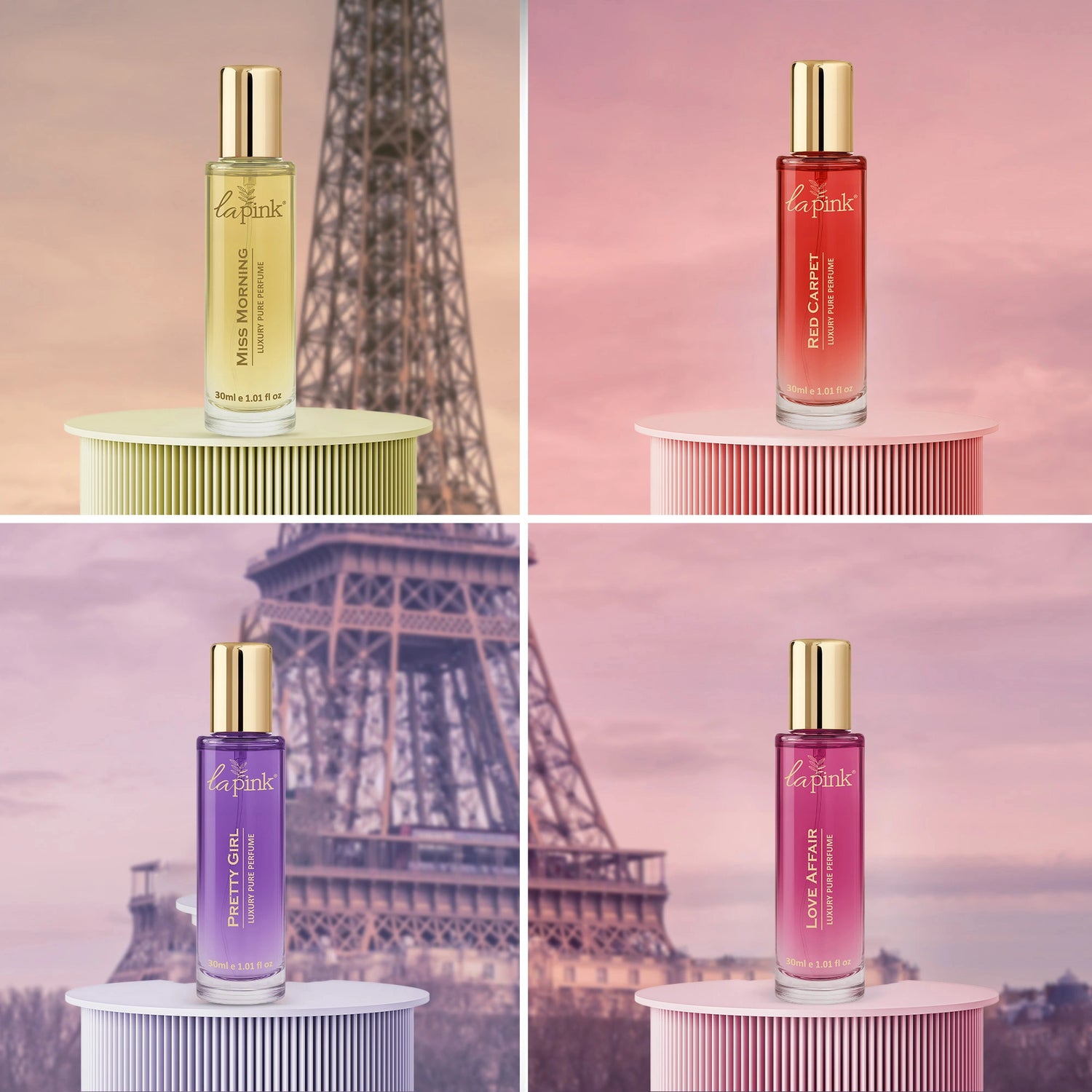Four La Prairie skincare bottles with Eiffel Tower in the background