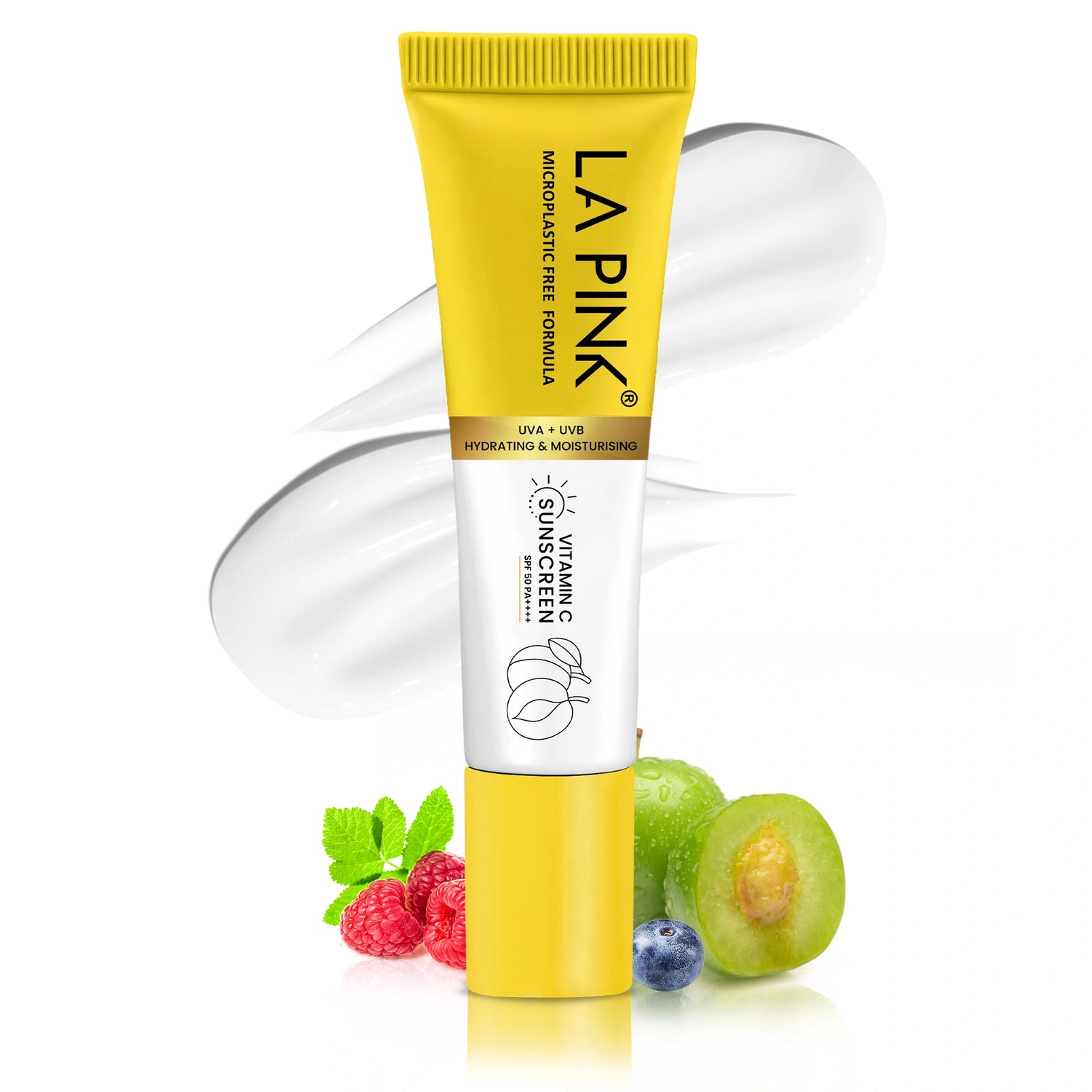 Yellow tube of LA Pink skincare product with fruit graphics on a white background