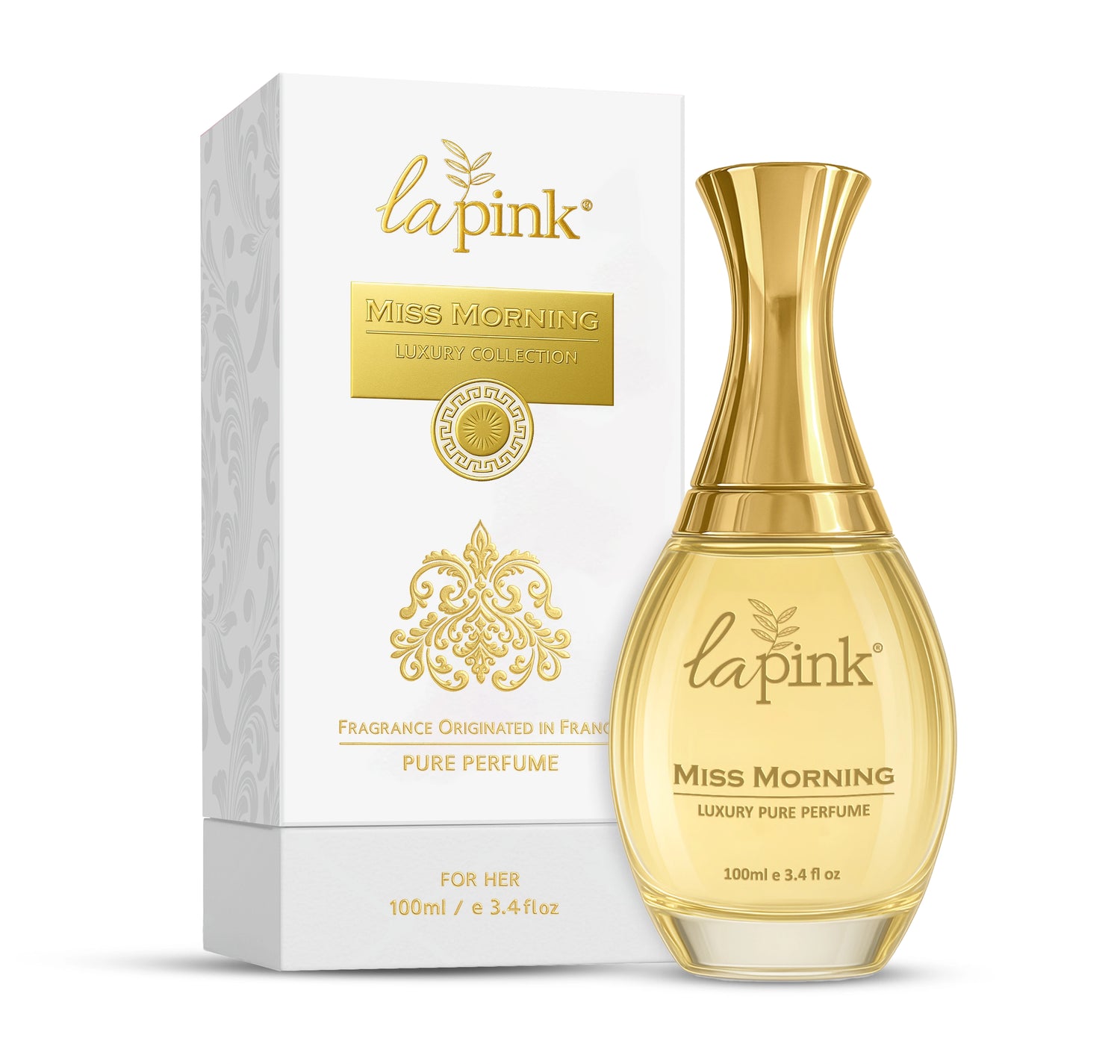 Gold perfume bottle and packaging with &