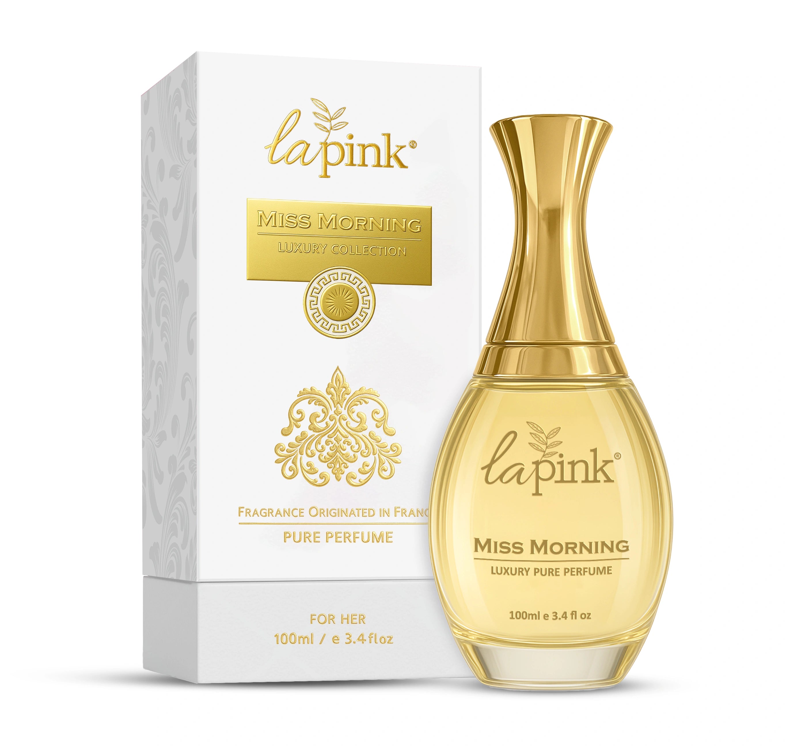 Gold perfume bottle and packaging with &