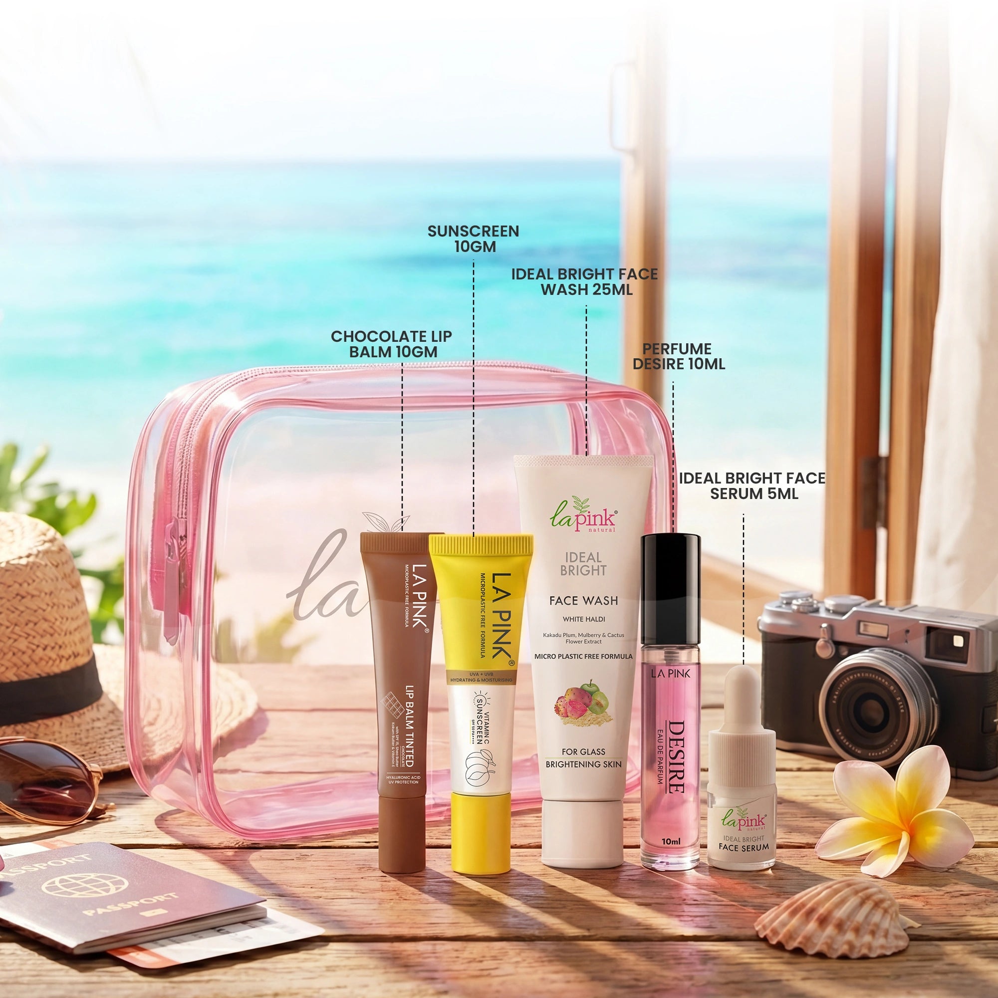 Cosmetic bag with skincare products on a beach-themed background