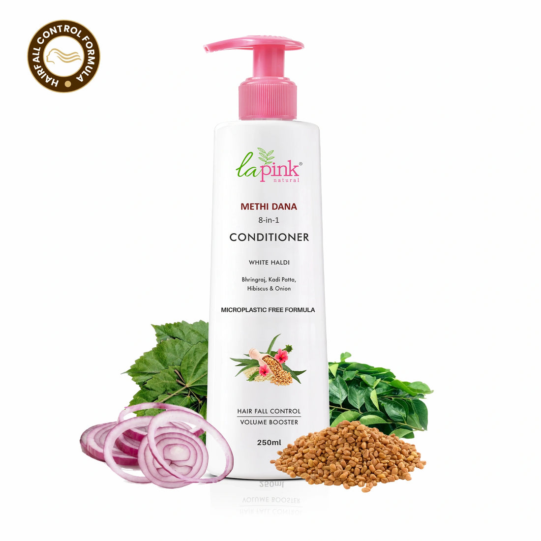 La Pink Methi Dana 8-in-1 Conditioner bottle with ingredients on a white background