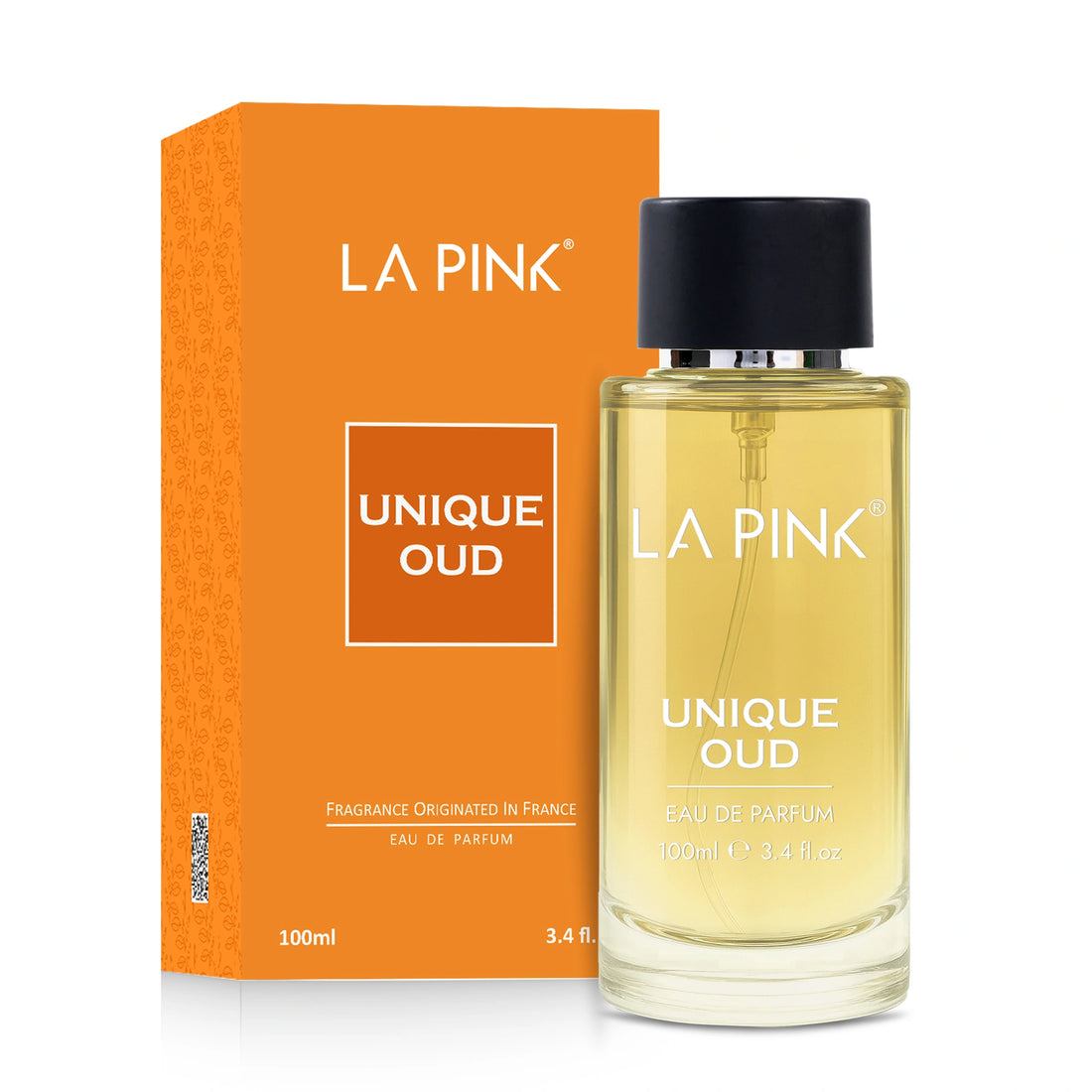 La Pink Unique Oud perfume bottle and packaging on a white background