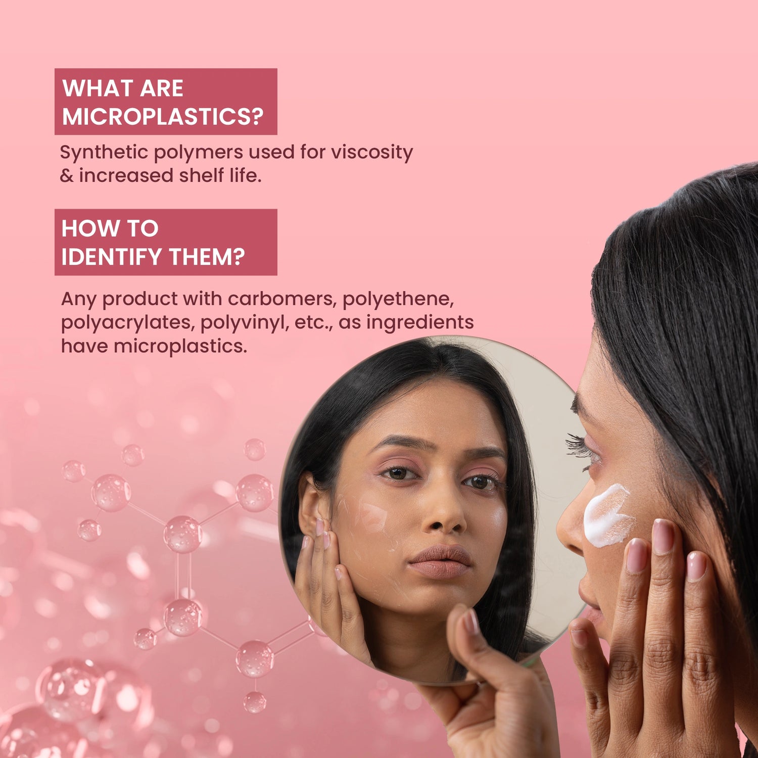 Woman applying cream to her face with a mirror reflection, educational text about microplastics on a pink background.