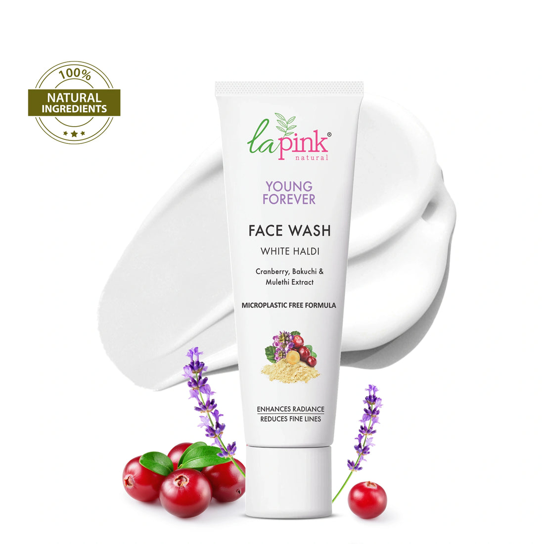 La Pink Face Wash tube with natural ingredients on a white background