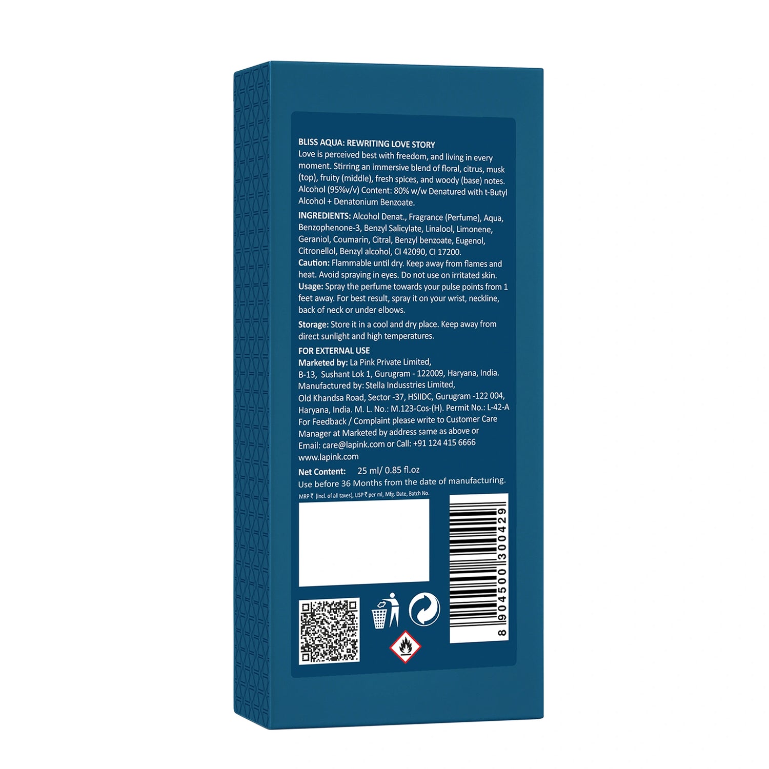 Back view of a blue product packaging with text and a QR code on a white background
