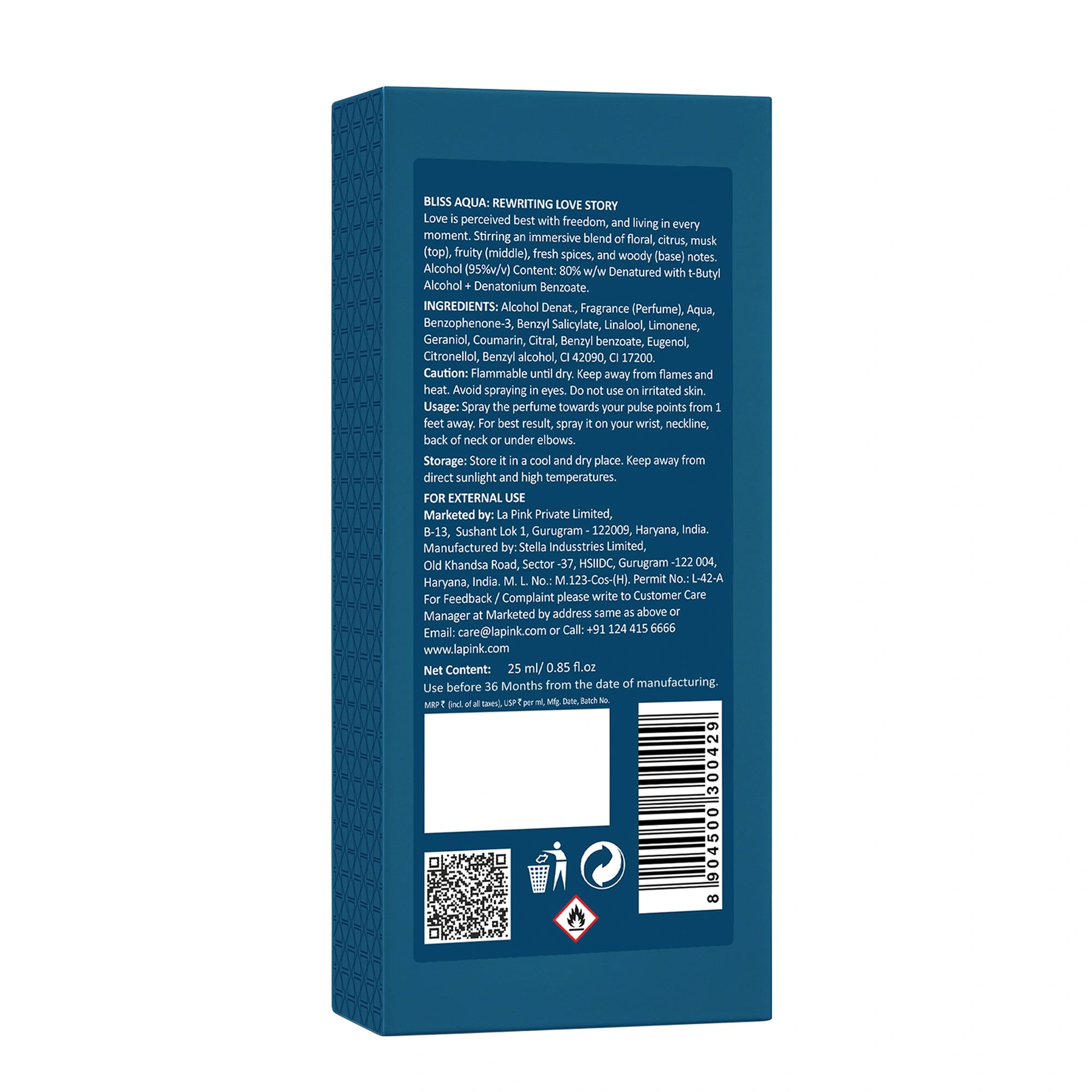 Back view of a blue product packaging with text and a QR code on a white background