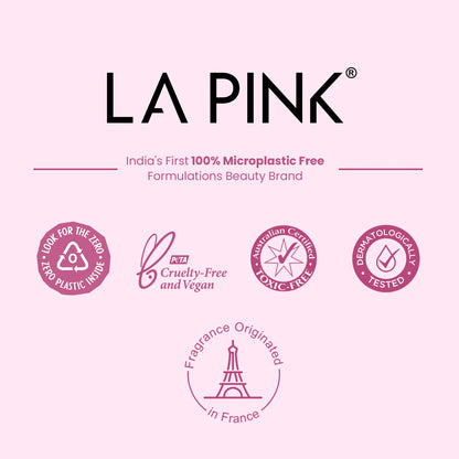 LA Pink branding with certification logos on a pink background