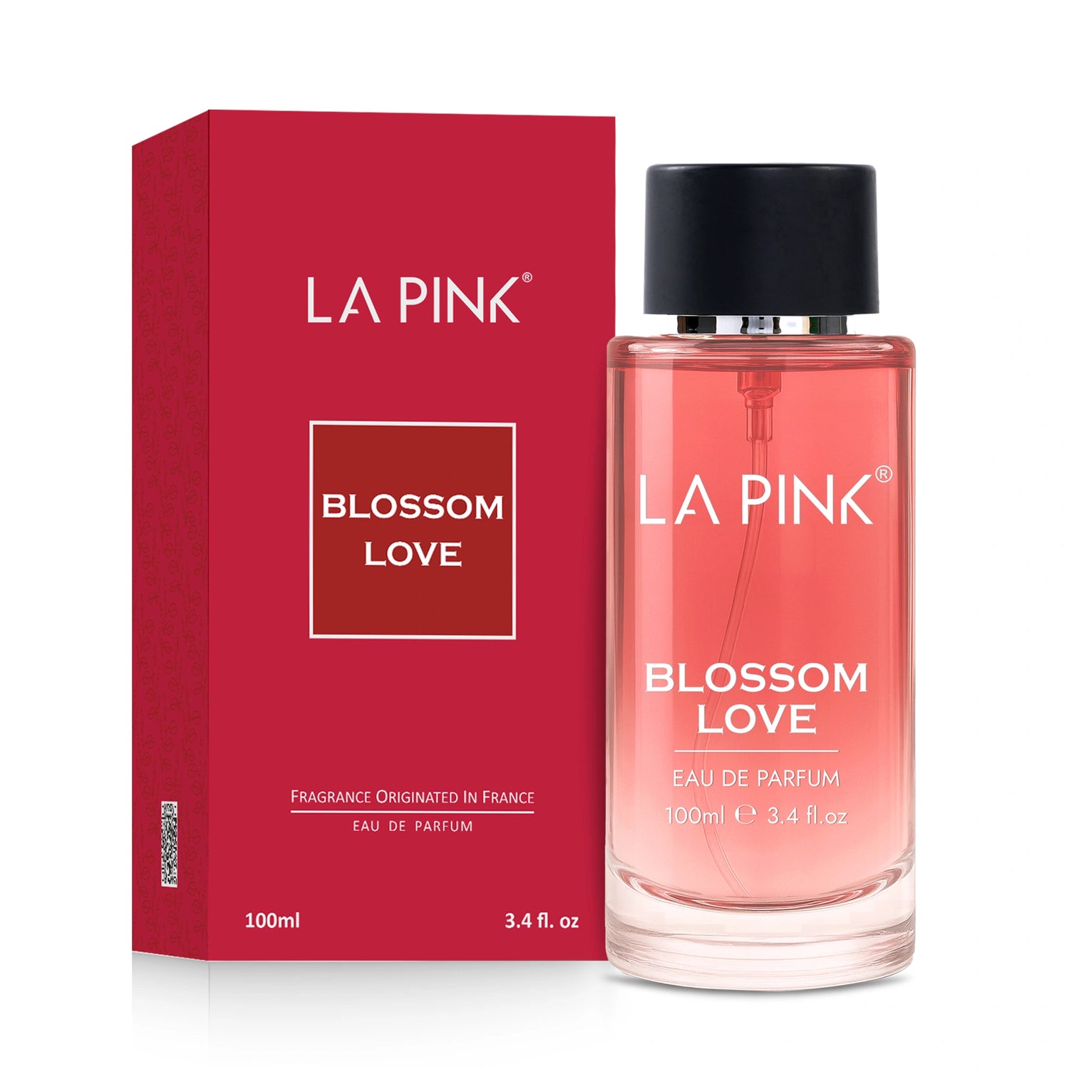 LA Pink Blossom Love perfume bottle and packaging on a white background