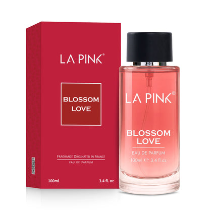 LA Pink Blossom Love perfume bottle and packaging on a white background