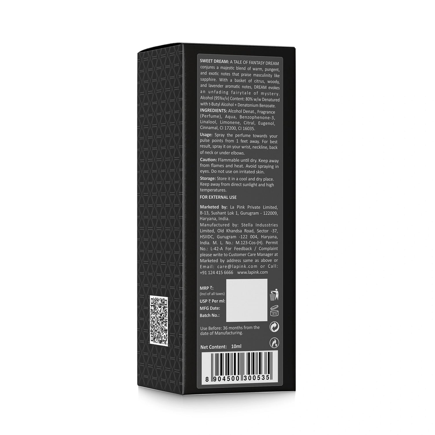 Back view of a black rectangular product box with text and QR code on a white background