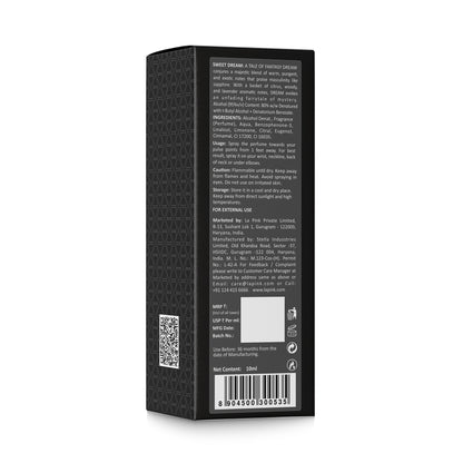 Back view of a black rectangular product box with text and QR code on a white background