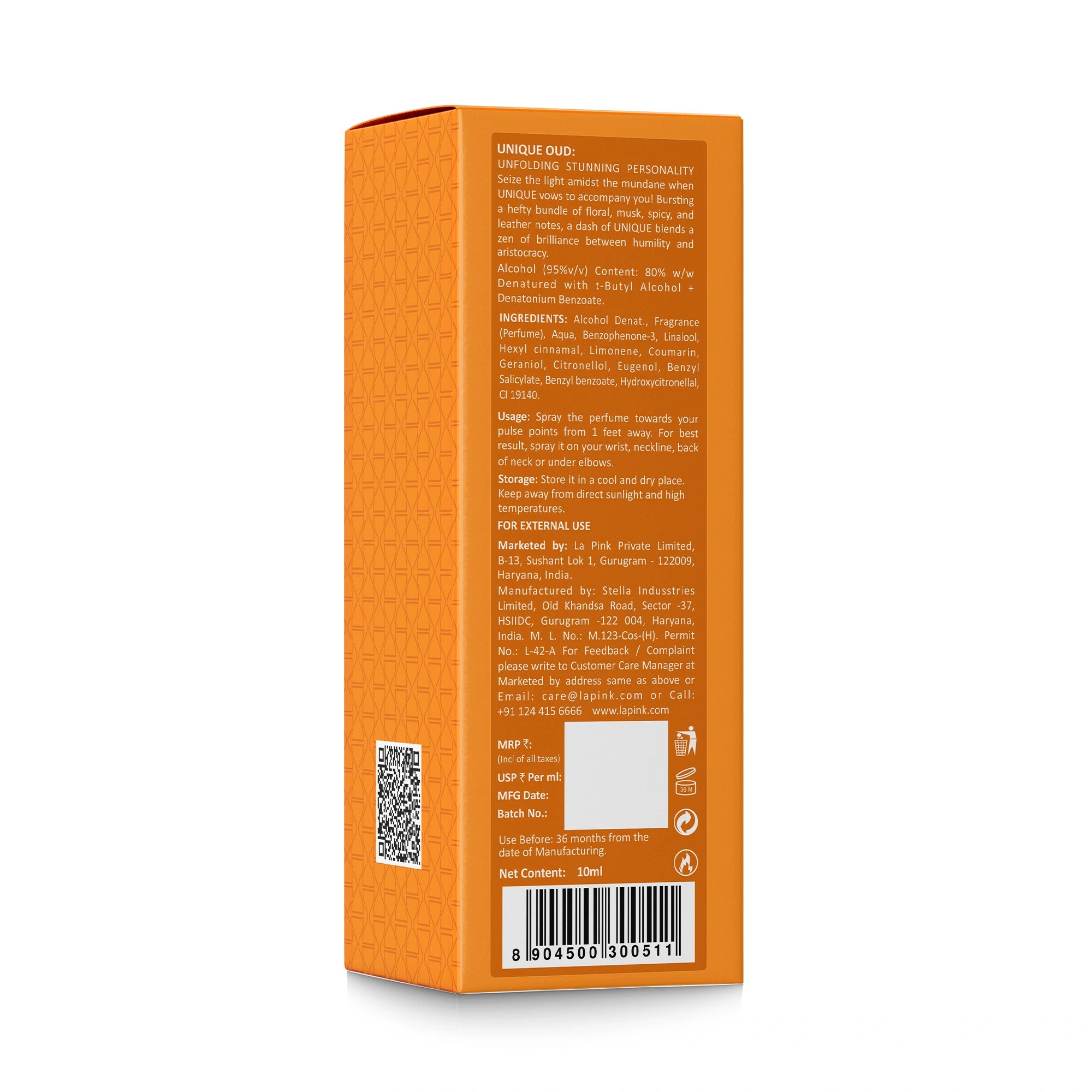 Orange packaging with text and QR code on a white background