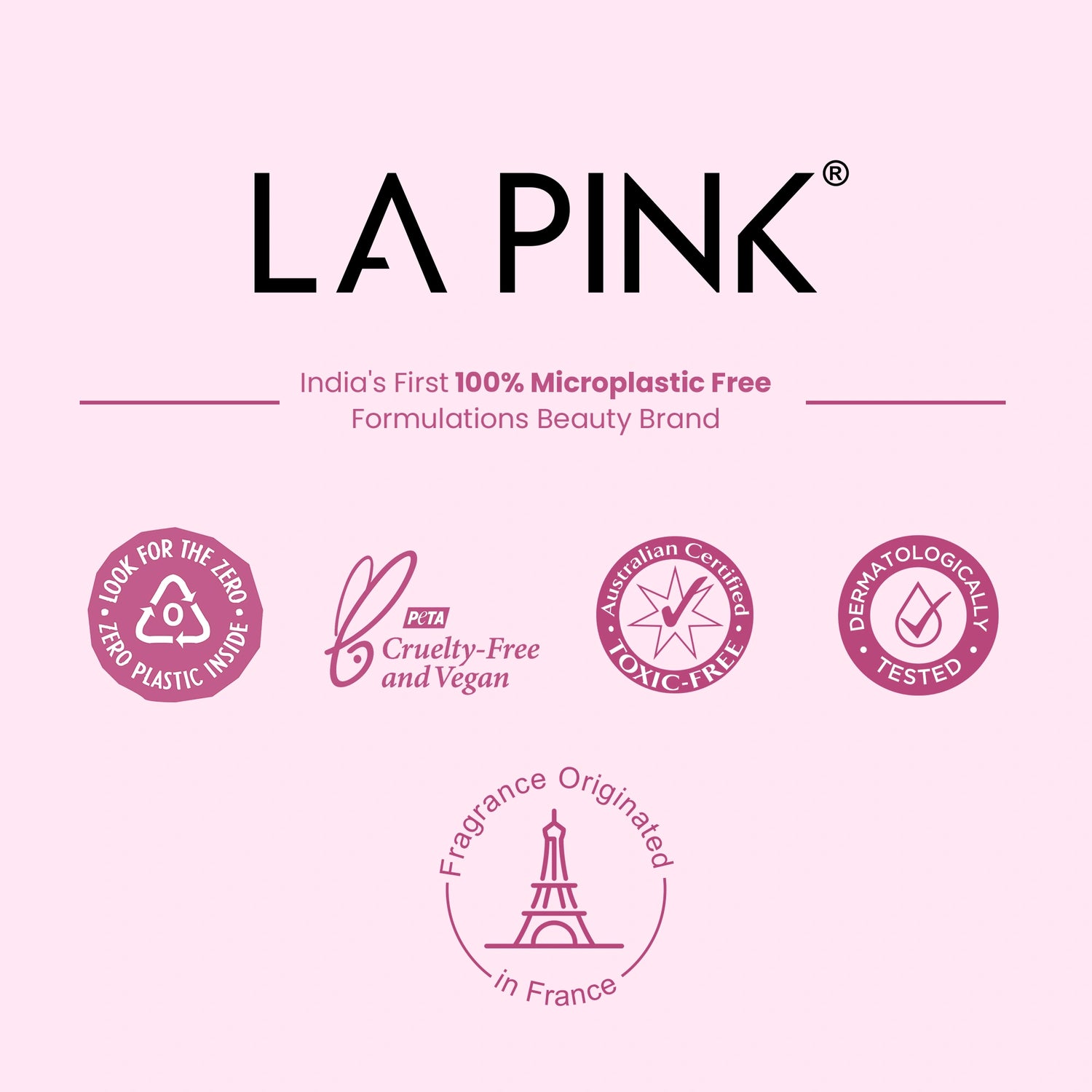 LA Pink branding with certification logos on a pink background