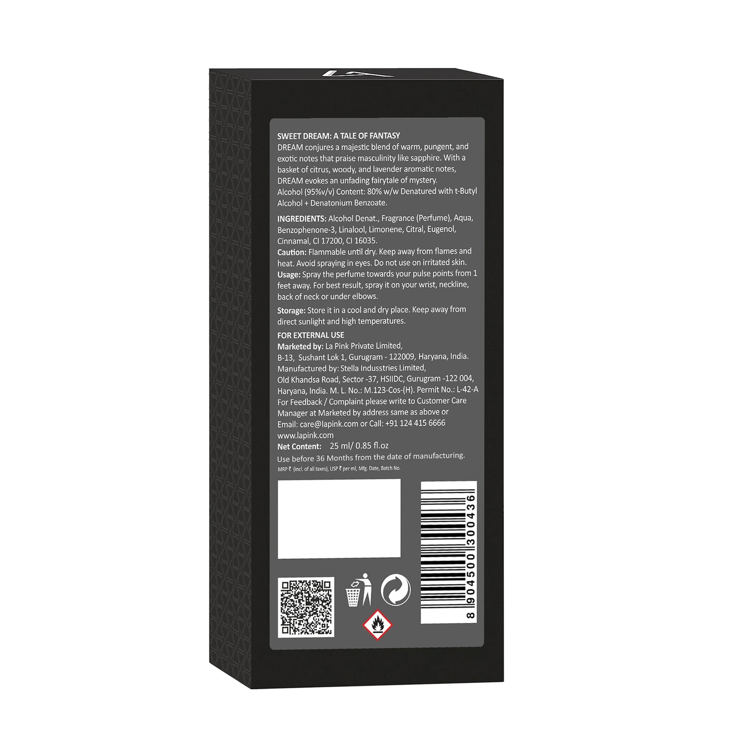 Back of a black product packaging with text and a QR code on a white background