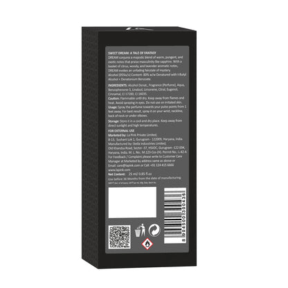 Back of a black product packaging with text and a QR code on a white background
