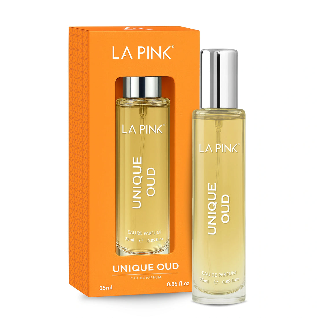 La Pink Unique Oud perfume bottle and packaging on a white background