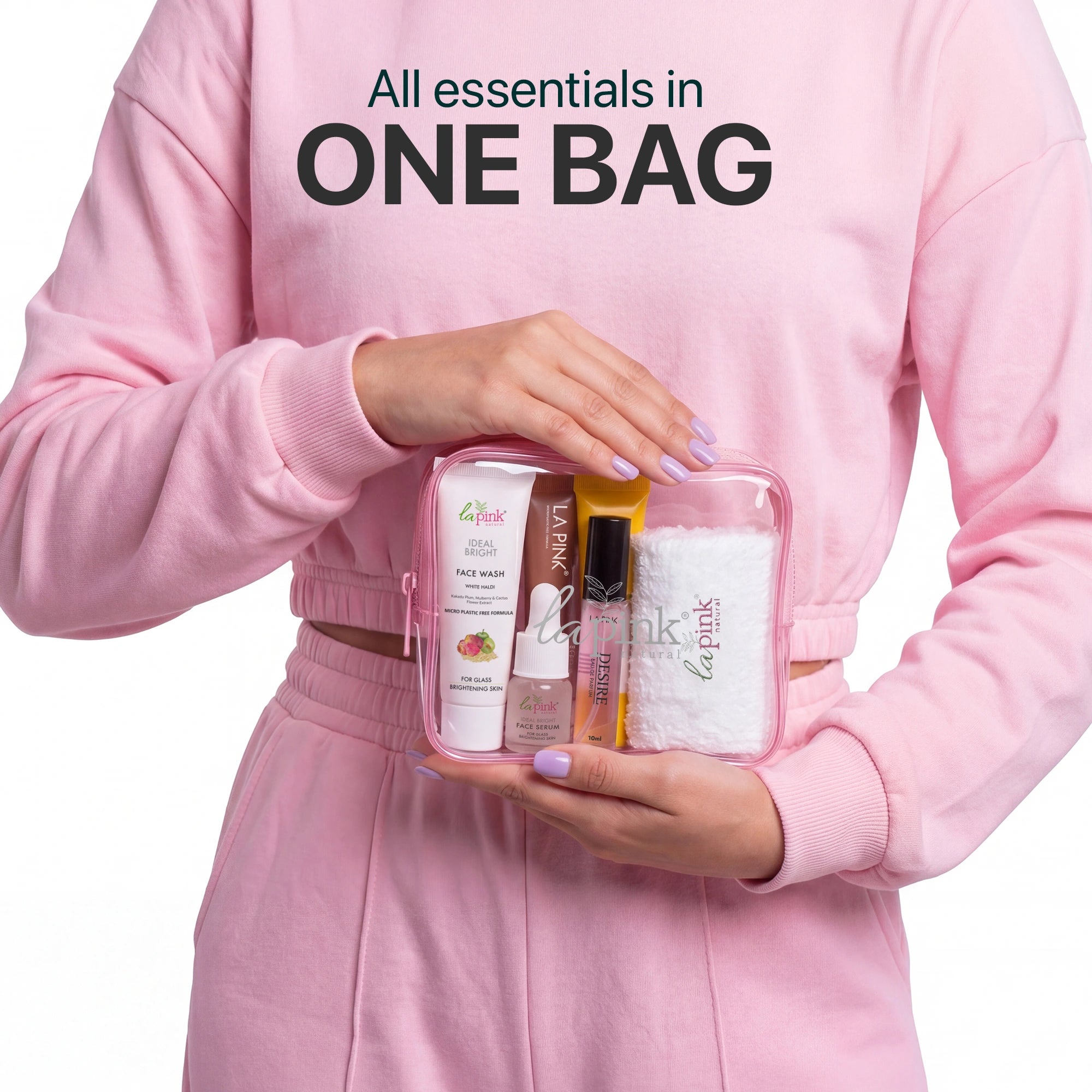Person holding a pink travel bag with skincare products, promotional text &