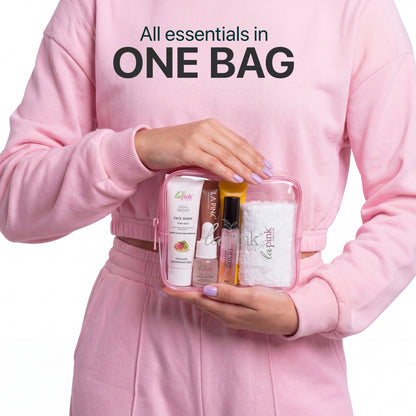 Person holding a pink travel bag with skincare products, promotional text &