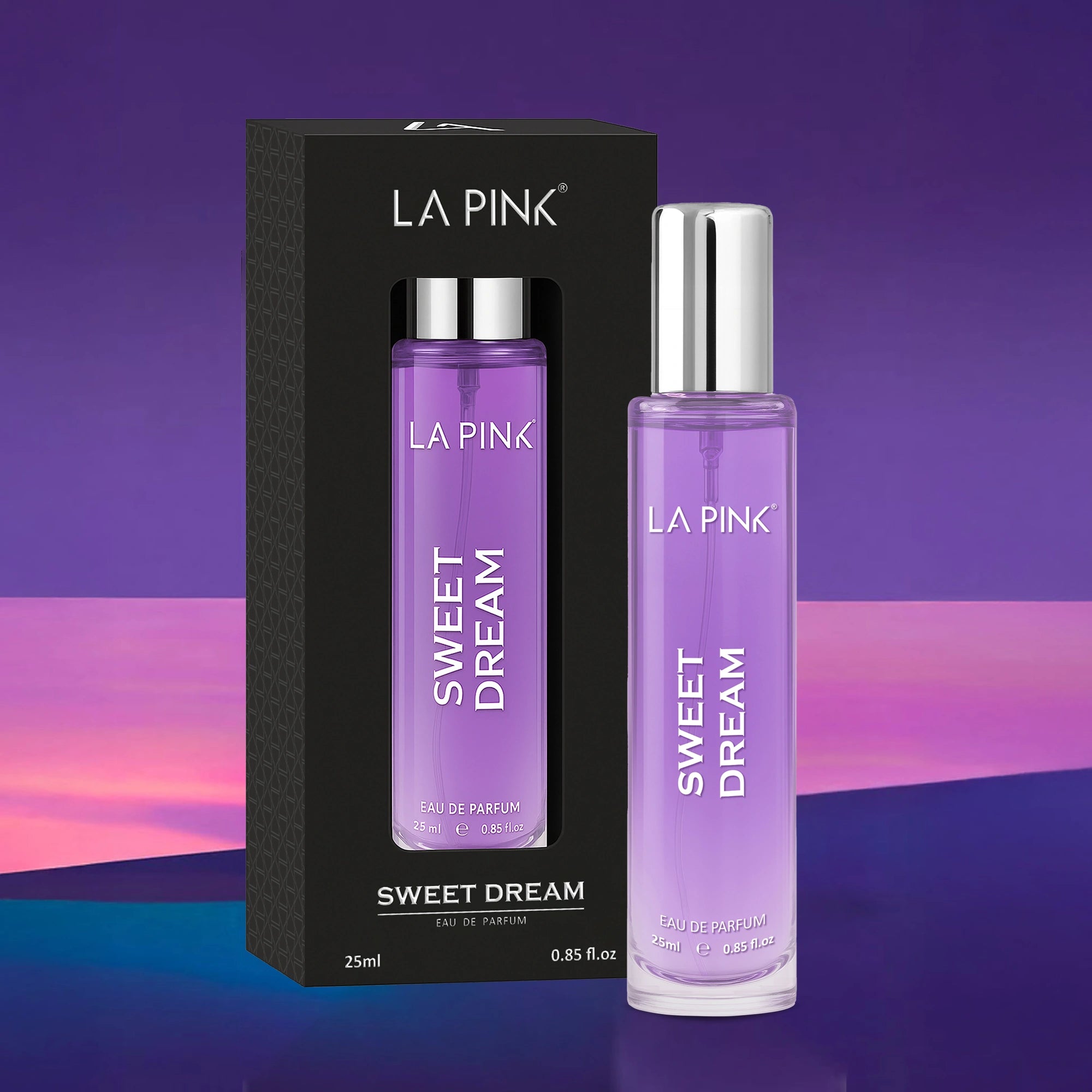 LA Pink Sweet Dream perfume bottle and packaging on a purple and blue gradient background