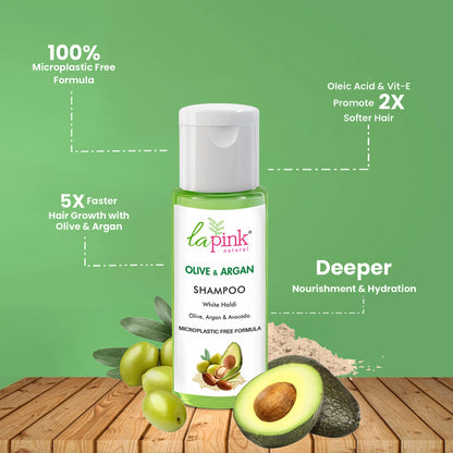 La Pink Olive &amp; Argan Shampoo bottle with ingredients detial  on a green background