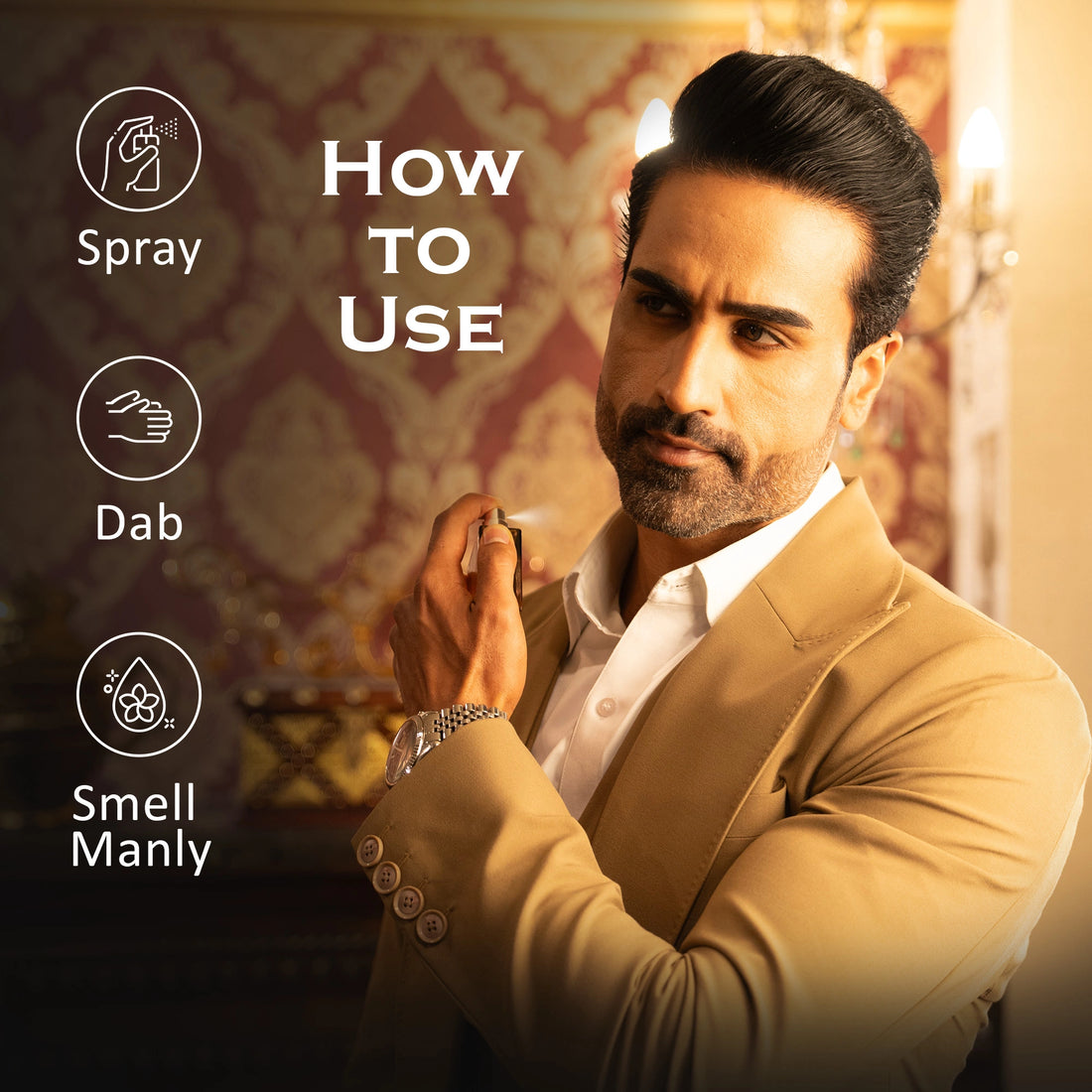 Man applying cologne with text on how to use it
