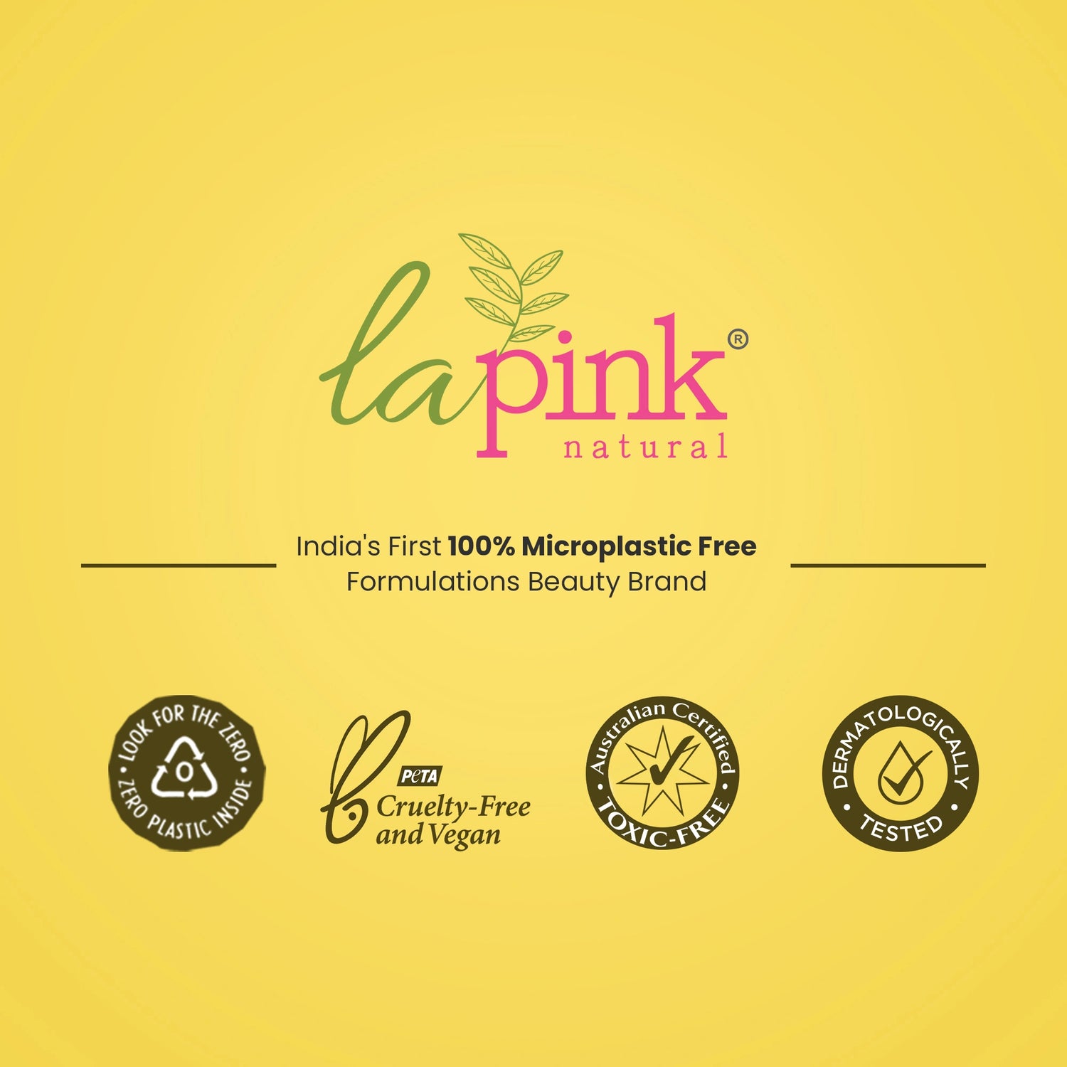 Lapink natural branding on a yellow background with certification logos.