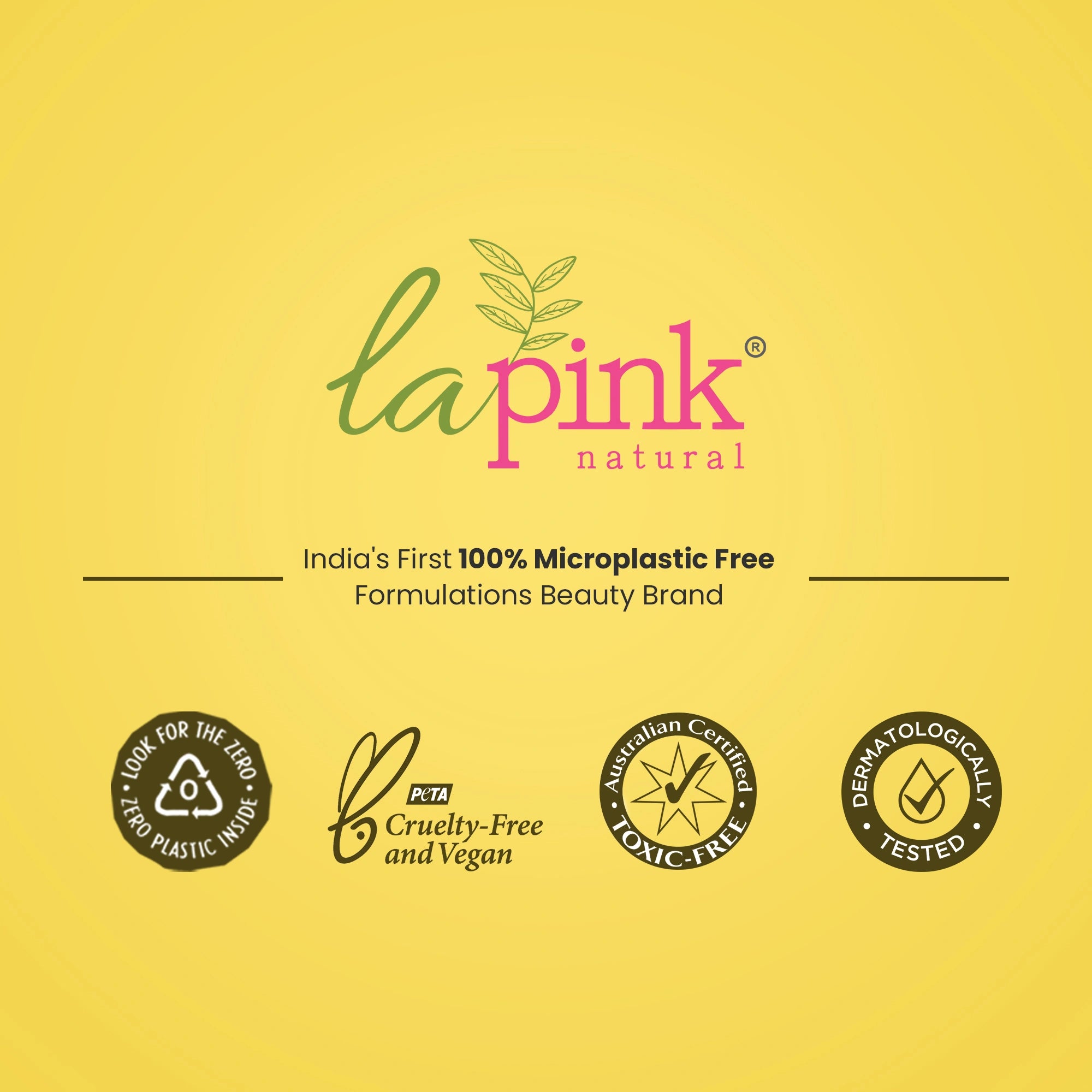 Lapink natural branding on a yellow background with certification logos.