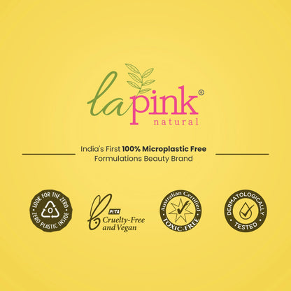 Lapink natural branding on a yellow background with certification logos.