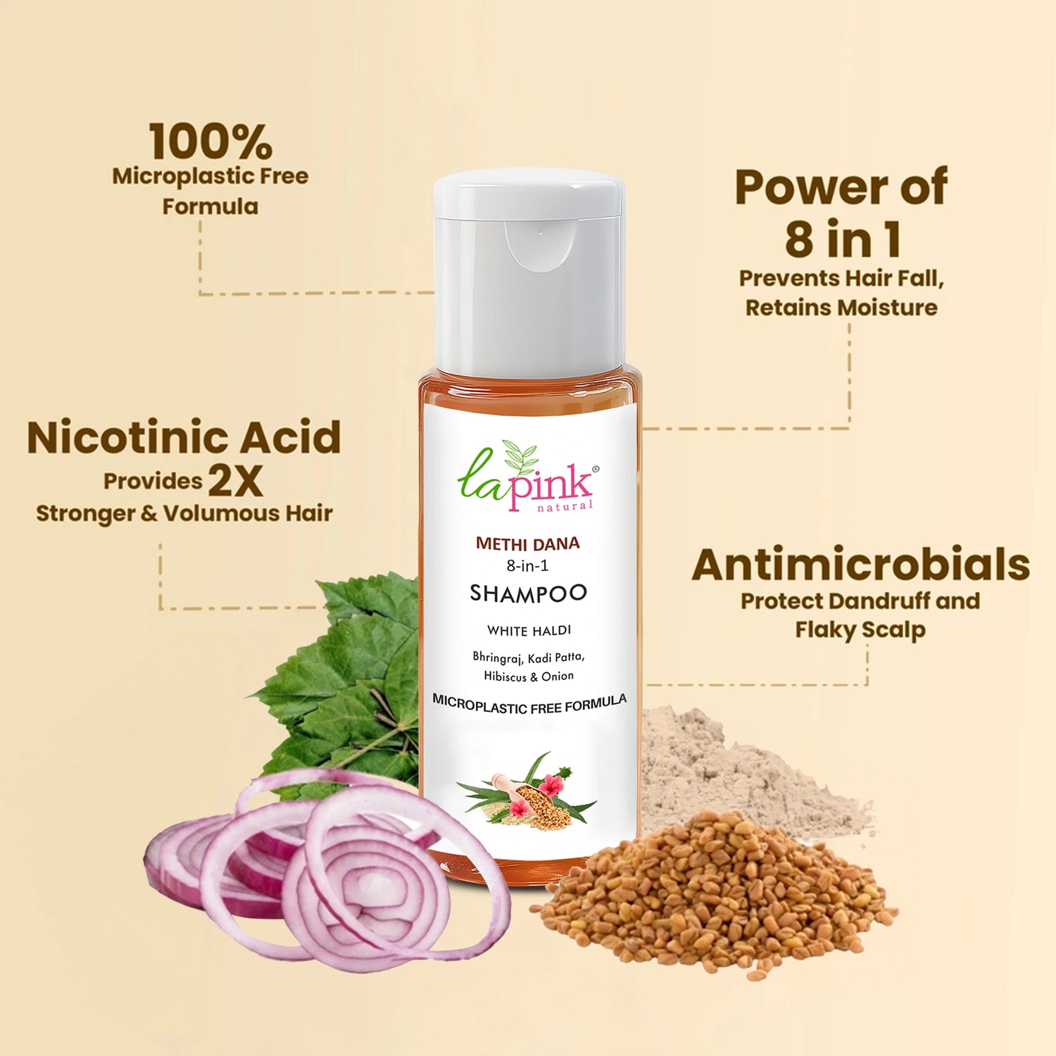 Shampoo bottle with ingredients and benefits on a beige background