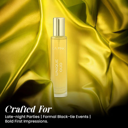 Perfume bottle on a yellow satin background with text about its use.