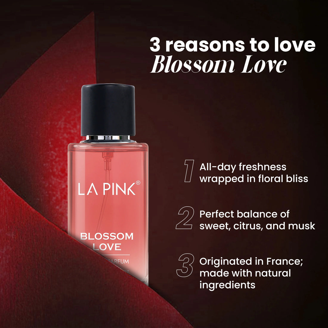 LA Pink Blossom Love perfume bottle with promotional text on a dark background