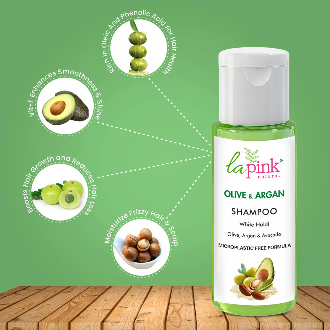 La Pink Olive &amp; Argan Shampoo bottle with ingredients on a green background