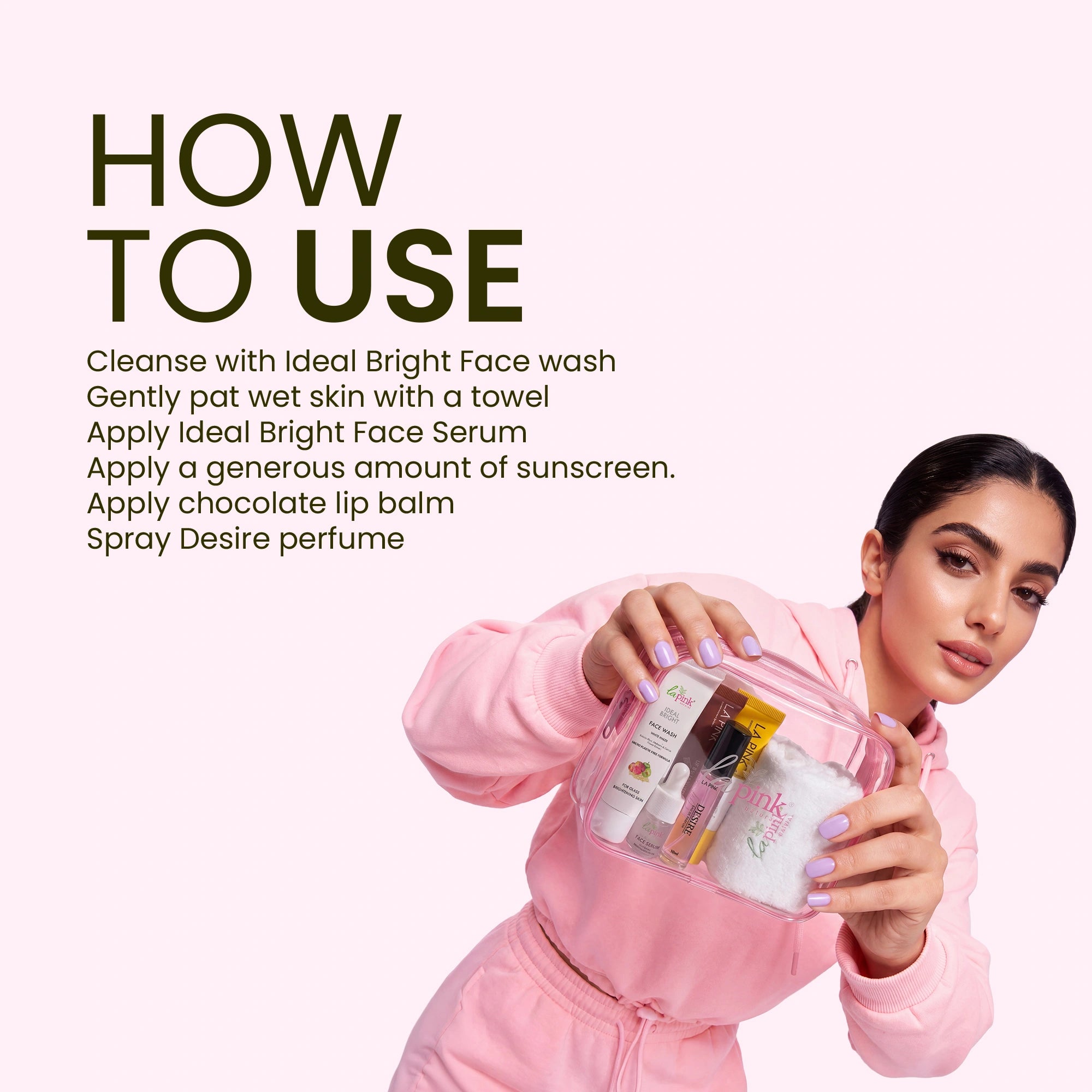 Woman holding skincare products with text on how to use them against a white background