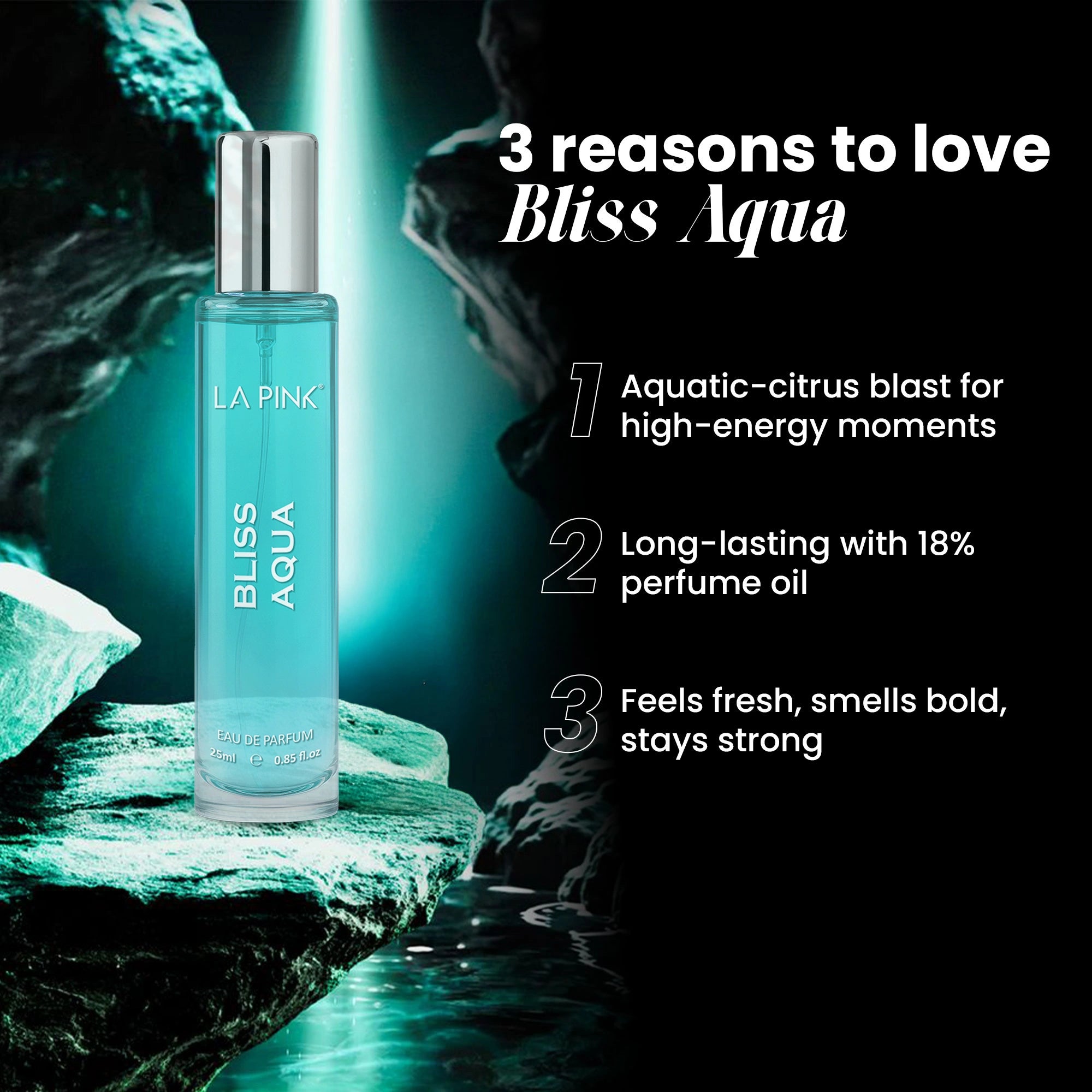 Blue bottle of La Pink Bliss Aqua perfume on a rock with text listing reasons to love it.