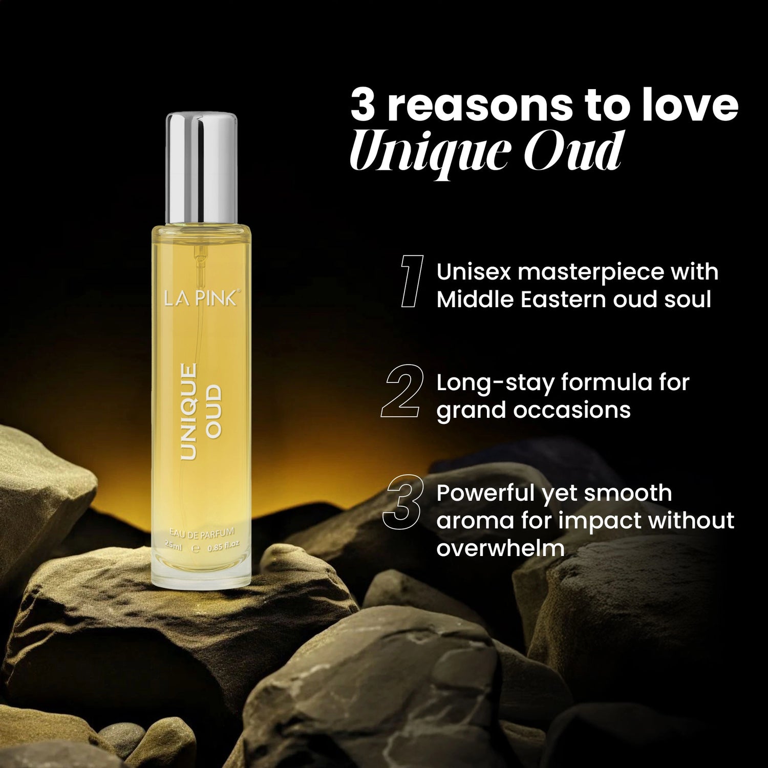 Uniqué Oud perfume bottle on rocks with promotional text on a black background