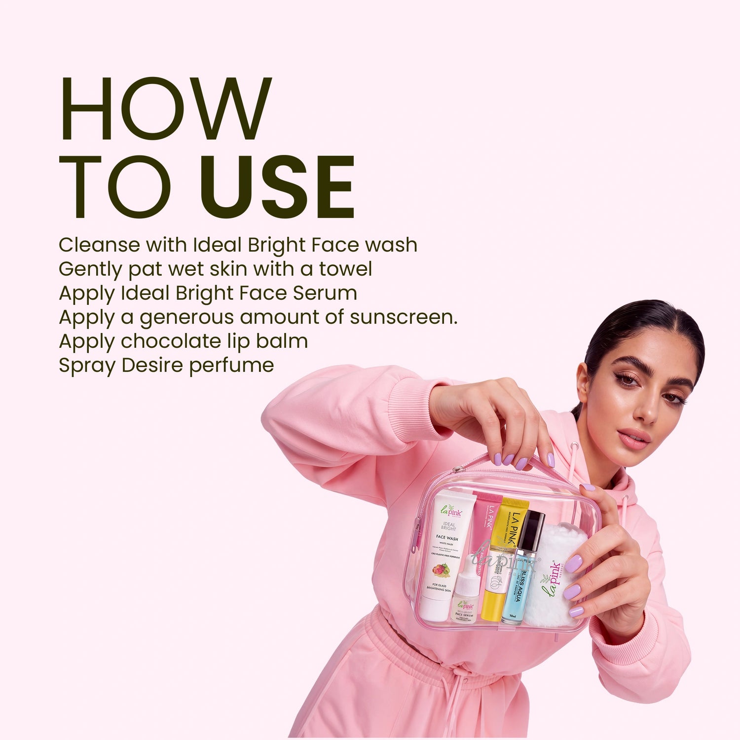 Woman holding a cosmetic bag with skincare products and instructions on how to use them.