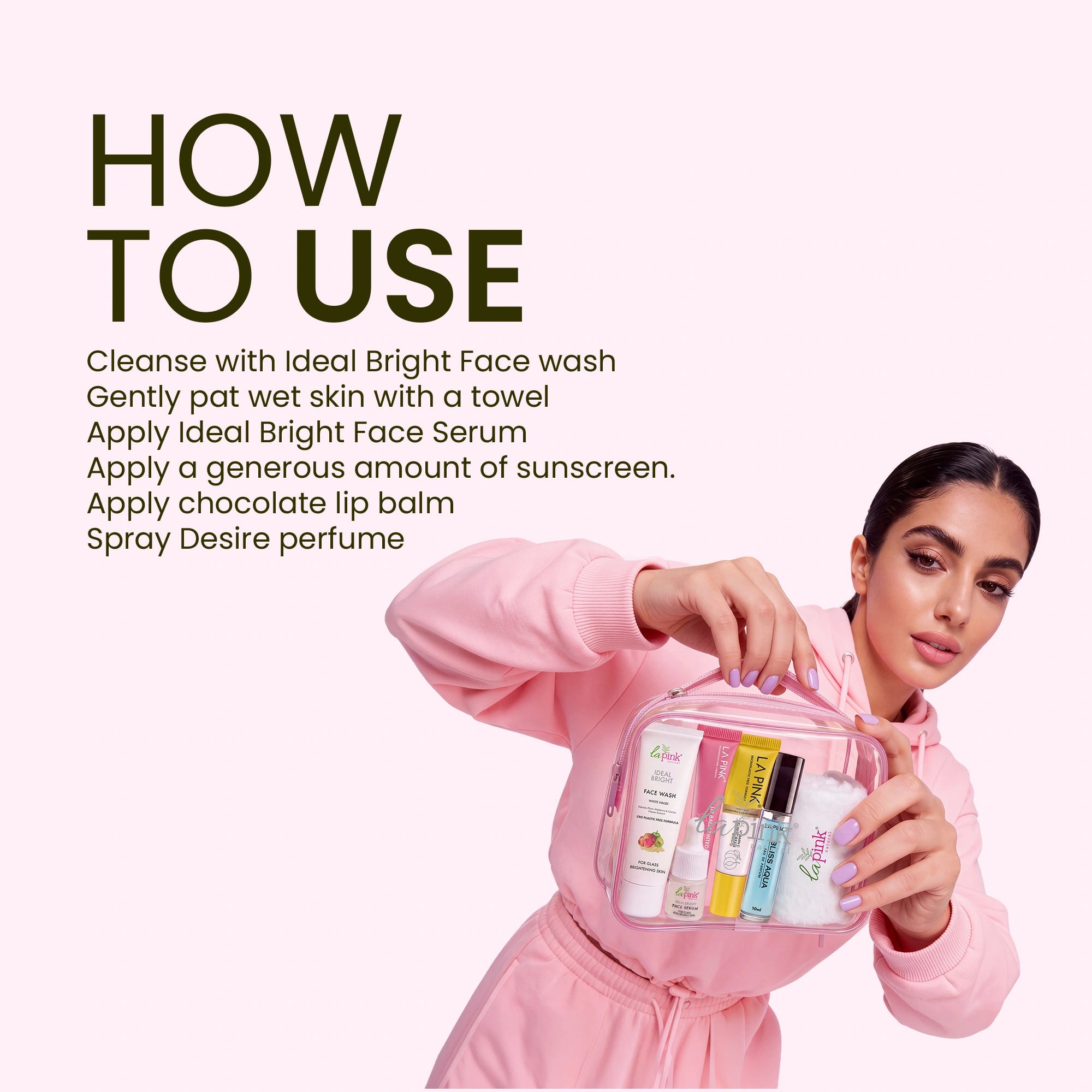 Woman holding a cosmetic bag with skincare products and instructions on how to use them.