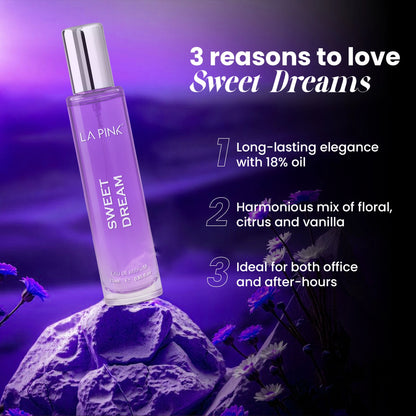 La Pink Sweet Dream perfume bottle on a purple background with product features listed.