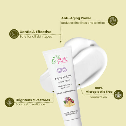 La Pink Young Forever Face Wash packaging with product features on a beige background