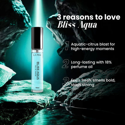 Bliss Aqua perfume bottle with rock and water background, highlighting features.